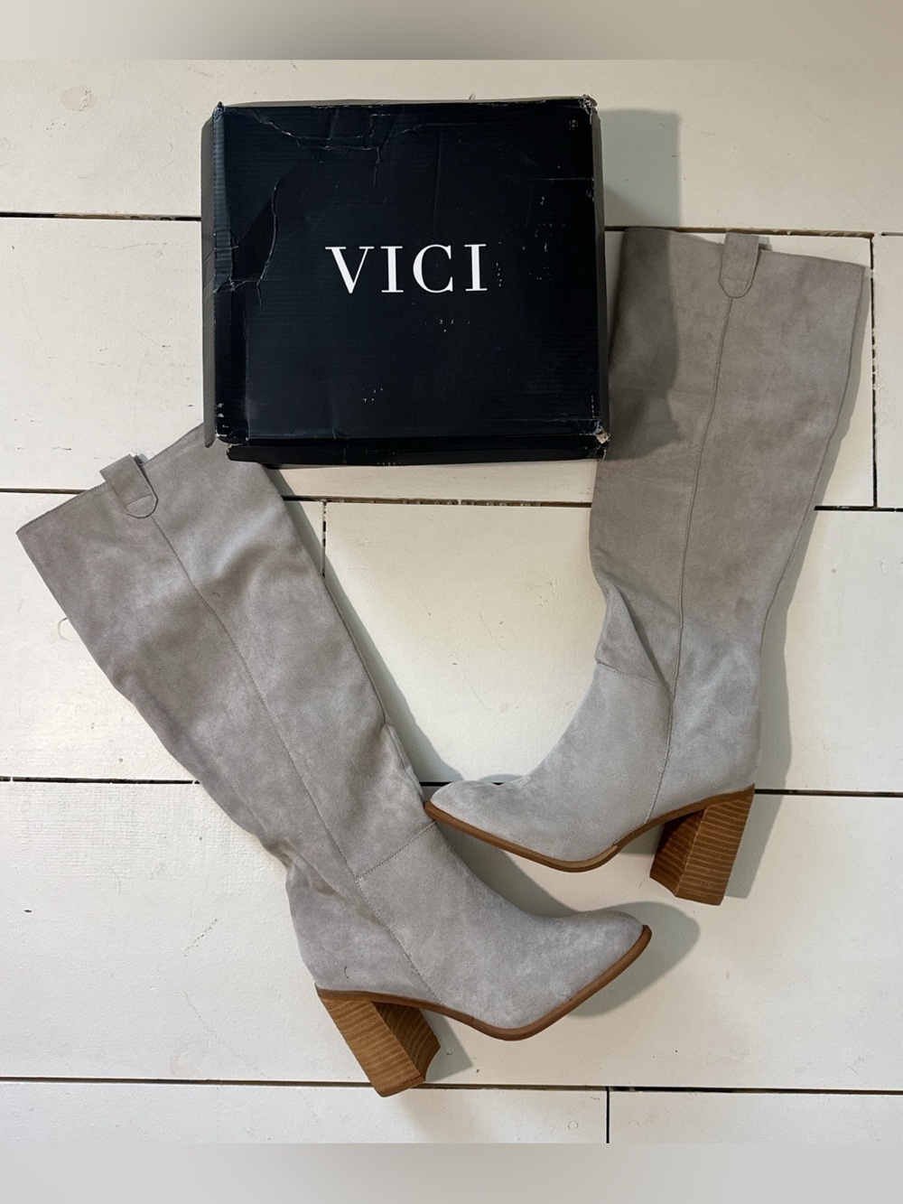 VICI Taupe Suede Knee Slouch Block Heel Boots